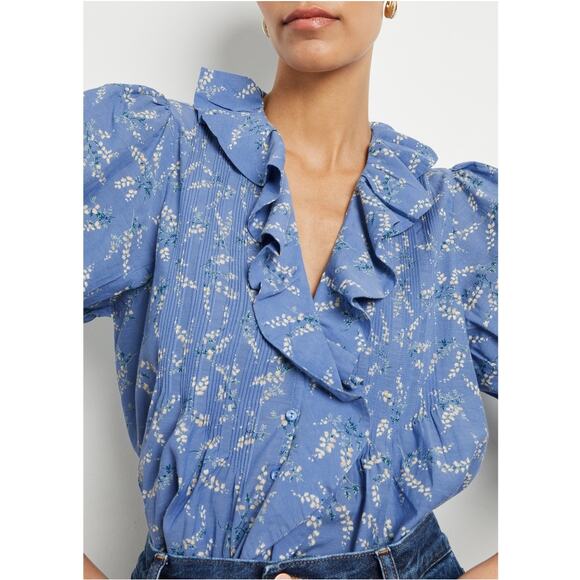DOEN Blue Bluebell Ballad Floral Henri Top Cotton Blouse Size X-Small - Picture 2 of 16